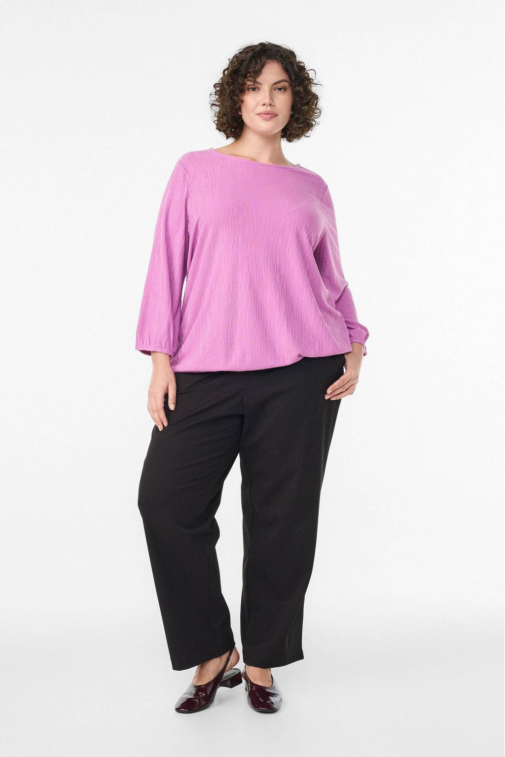 Paarse dames Zizzi blousetop van polyester met effen, driekwart mouwen, ronde hals en textuur