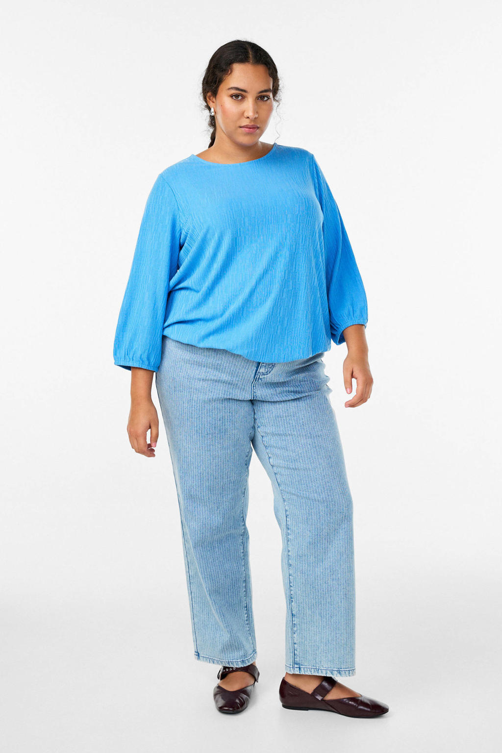 Blauwe dames Zizzi blousetop van polyester met effen, driekwart mouwen en ronde hals
