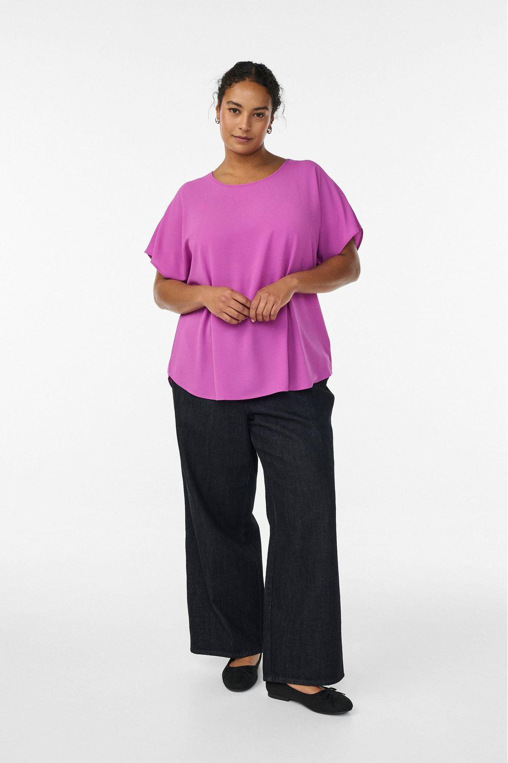 Paarse dames Zizzi top van polyester met effen, korte mouwen, ronde hals en plooien
