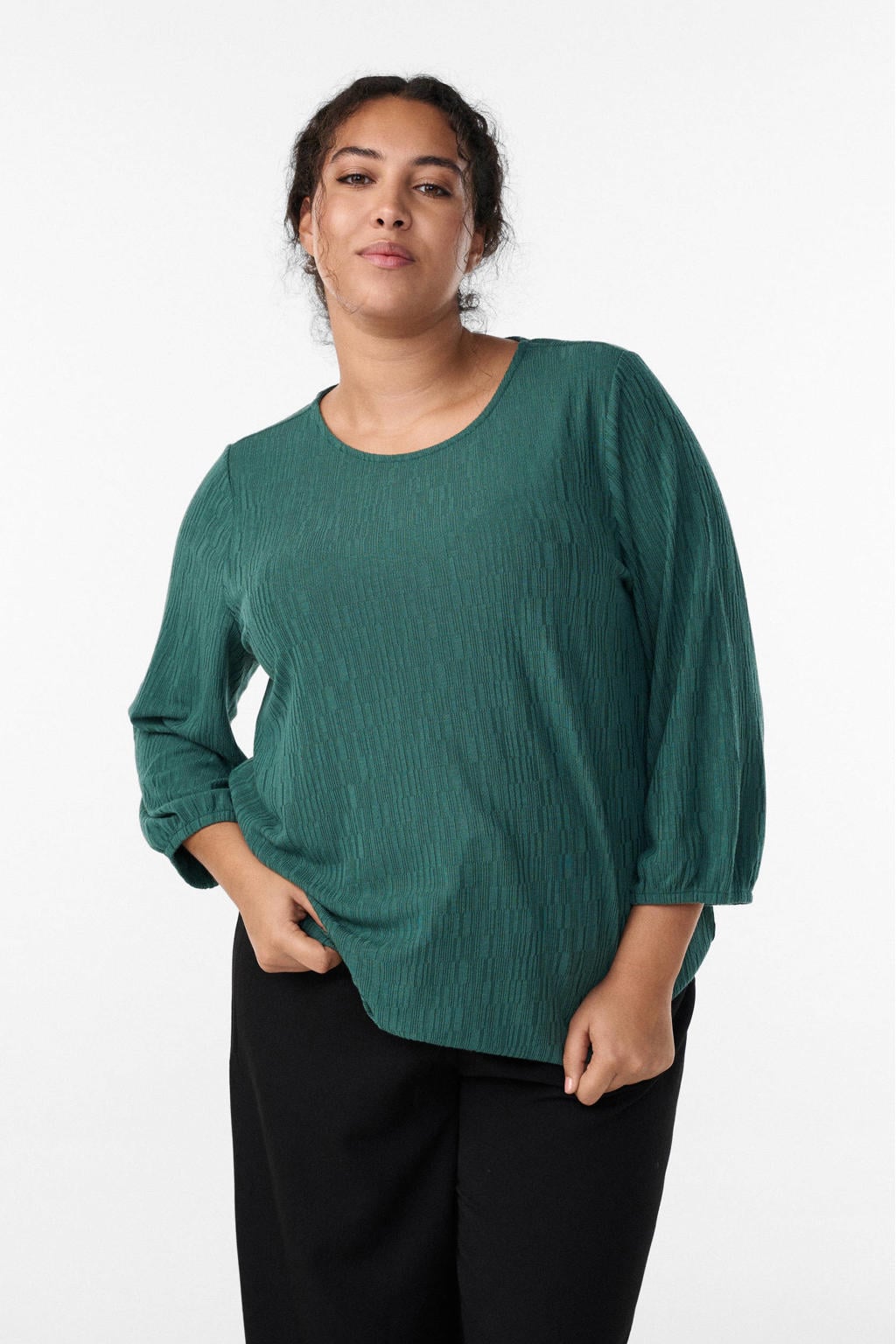 Groene dames Zizzi blousetop van polyester met effen, driekwart mouwen, ronde hals en textuur