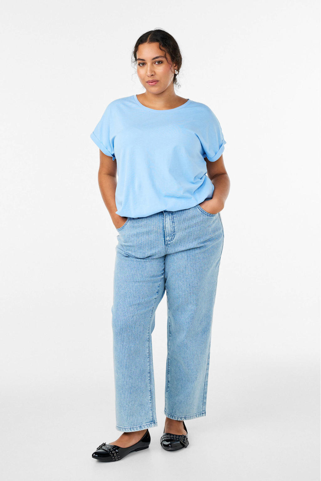 Lichtblauwe dames Zizzi T-shirt van katoen met effen, korte mouwen en ronde hals