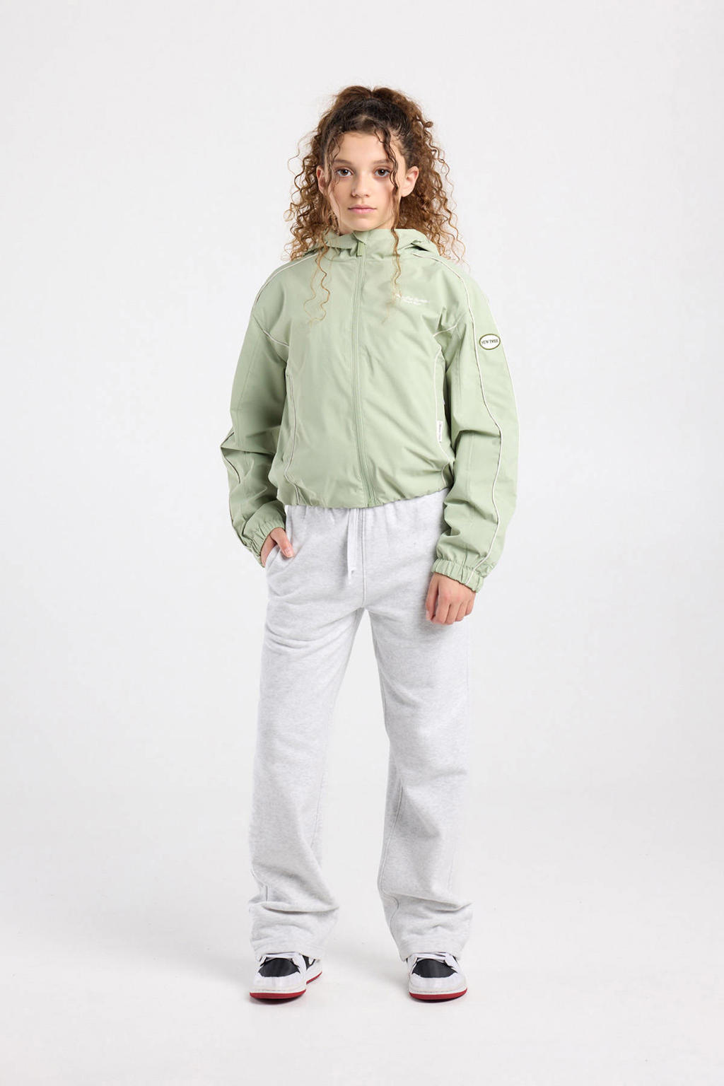 Lichtgroene meisjes America Today tussenjas van polyester met effen, lange mouwen, capuchon, ritssluiting en contrast stiksels