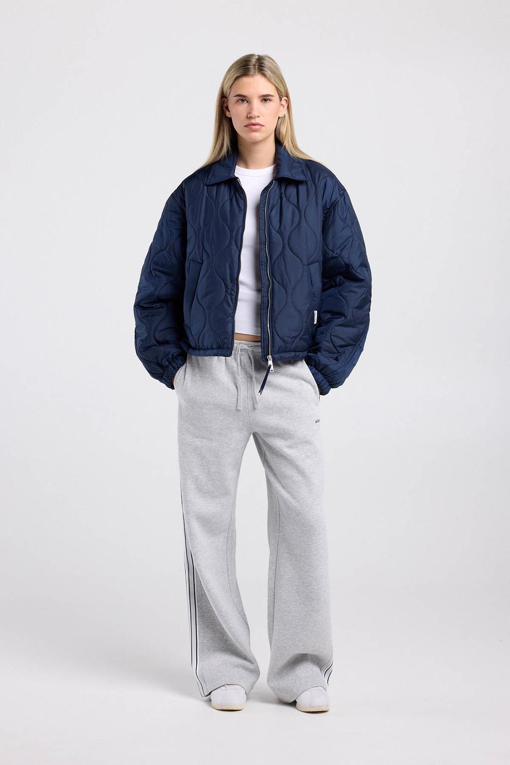 Donkerblauwe dames America Today jack van polyester met effen, lange mouwen, klassieke kraag en doorgestikte details