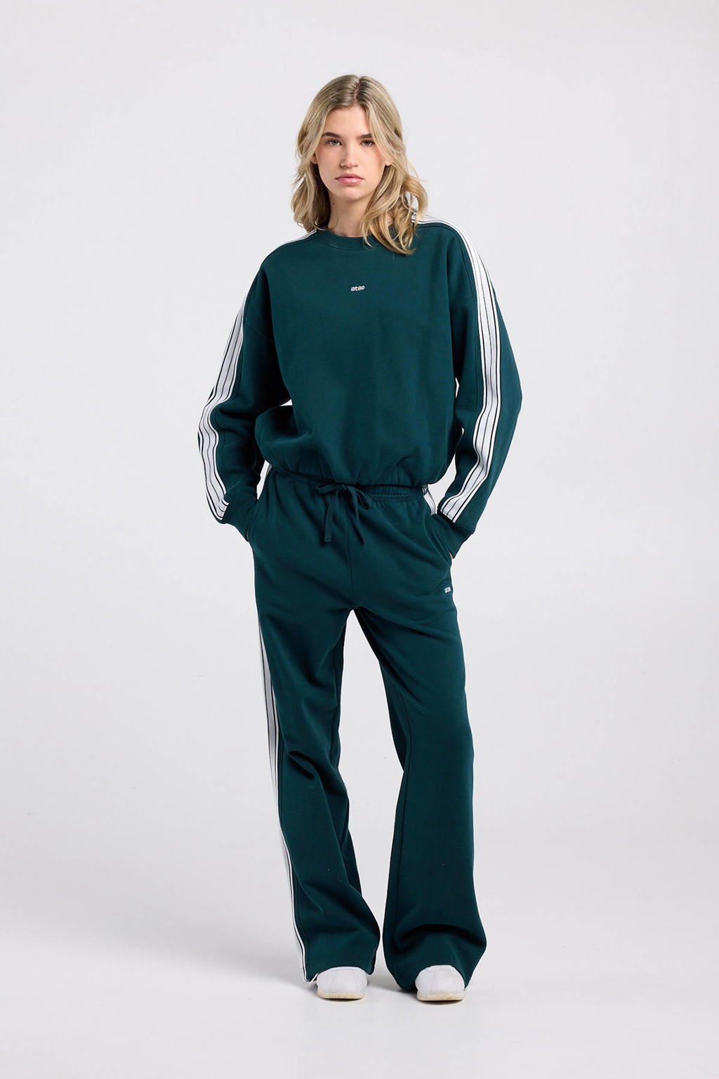 Petrolkleurige dames America Today regular waist gestreepte joggingbroek van katoen met loose fit en elastische tailleband met koord