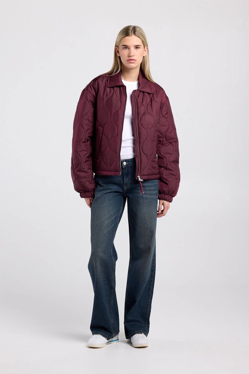 Donkerrode dames America Today jack van polyester met effen, lange mouwen, klassieke kraag en doorgestikte details
