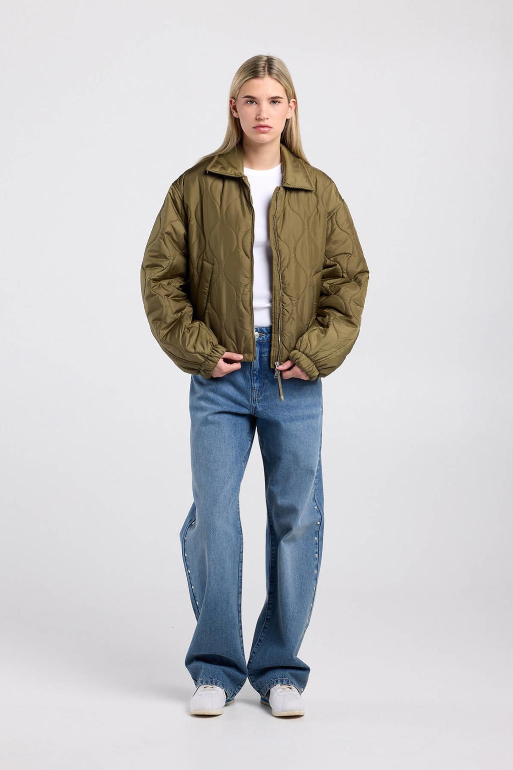 Olijfgroene dames America Today jack van polyester met effen, lange mouwen, klassieke kraag en doorgestikte details