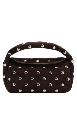 suede handtas met studs donkerbruin
