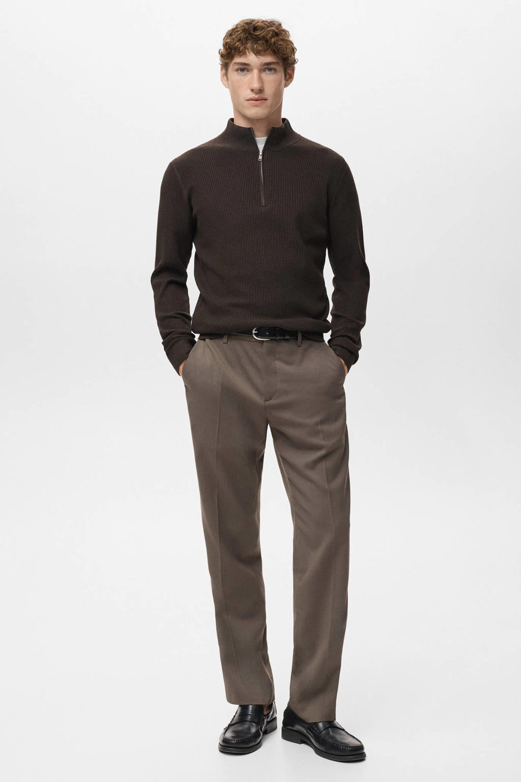 Donkerblauwe heren Mango Man trui rib gebreid van polyester met effen en lange mouwen