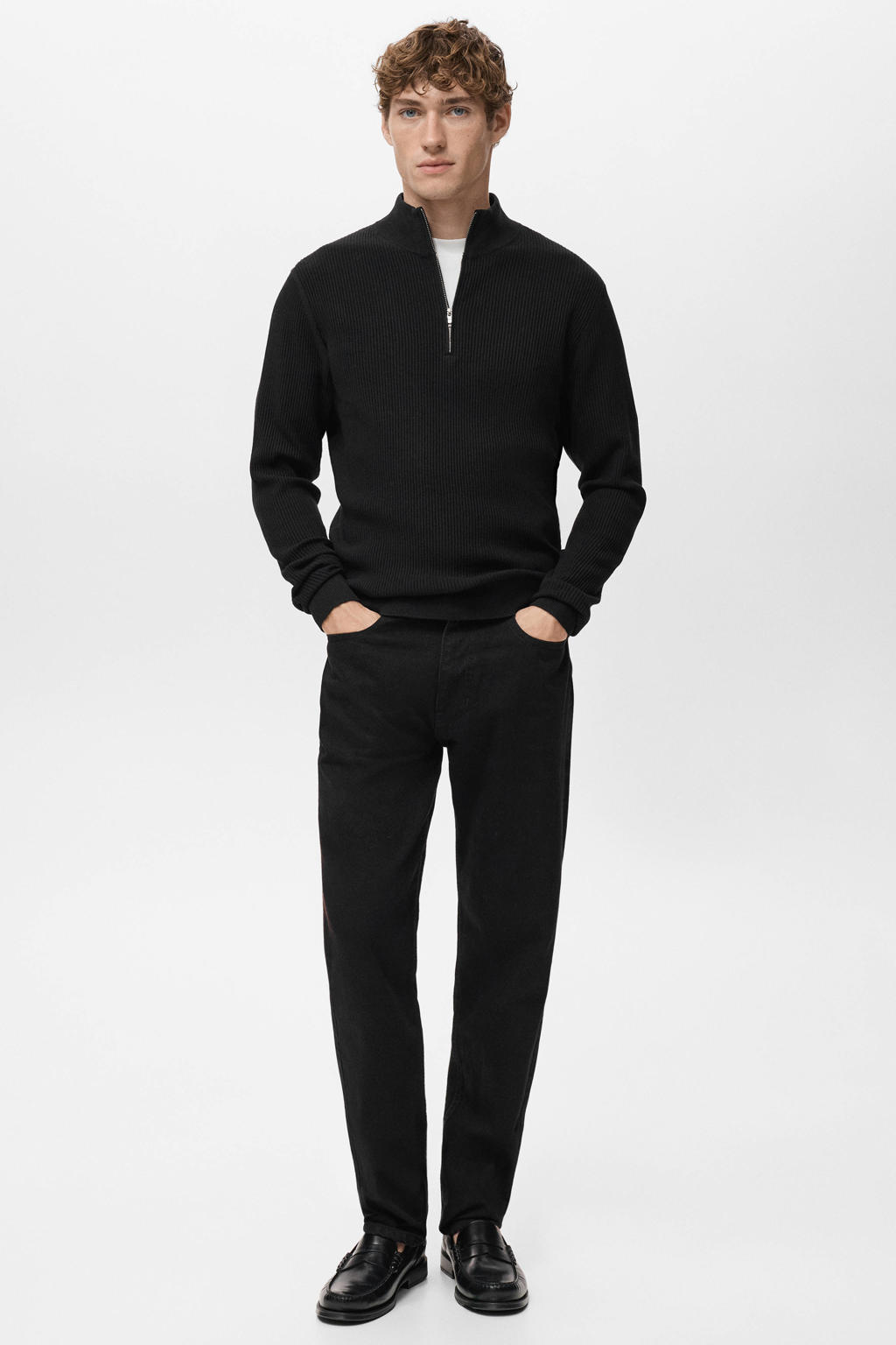 Zwarte heren Mango Man trui rib gebreid van polyester met effen en lange mouwen
