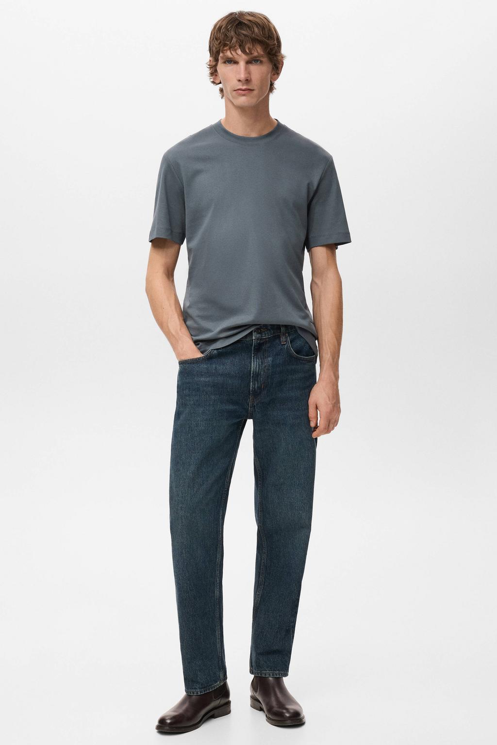 Blauwe heren Mango Man regular T-shirt van katoen met effen, korte mouwen en ronde hals
