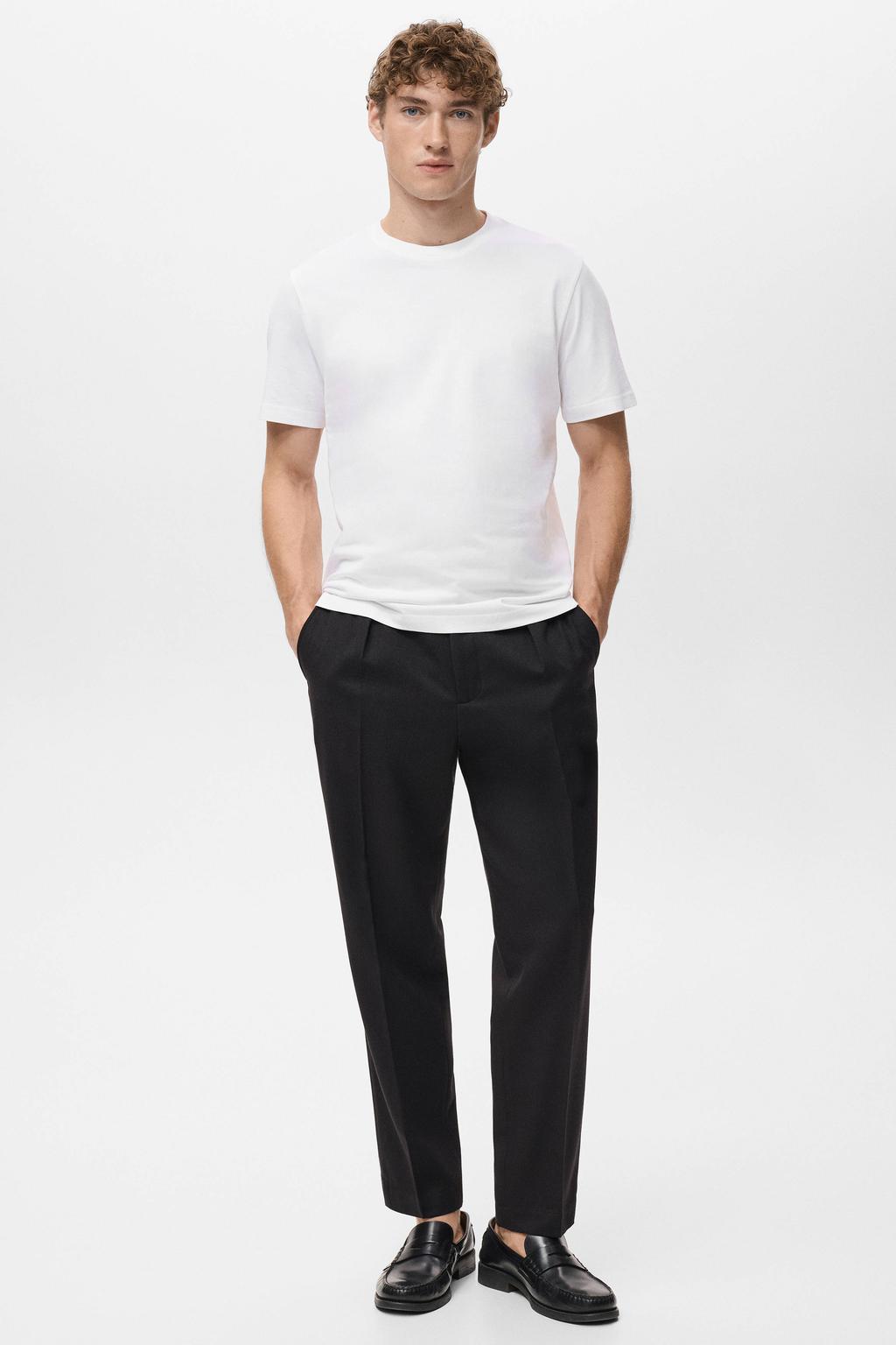 Witte heren Mango Man slim T-shirt van katoen met effen, korte mouwen en ronde hals