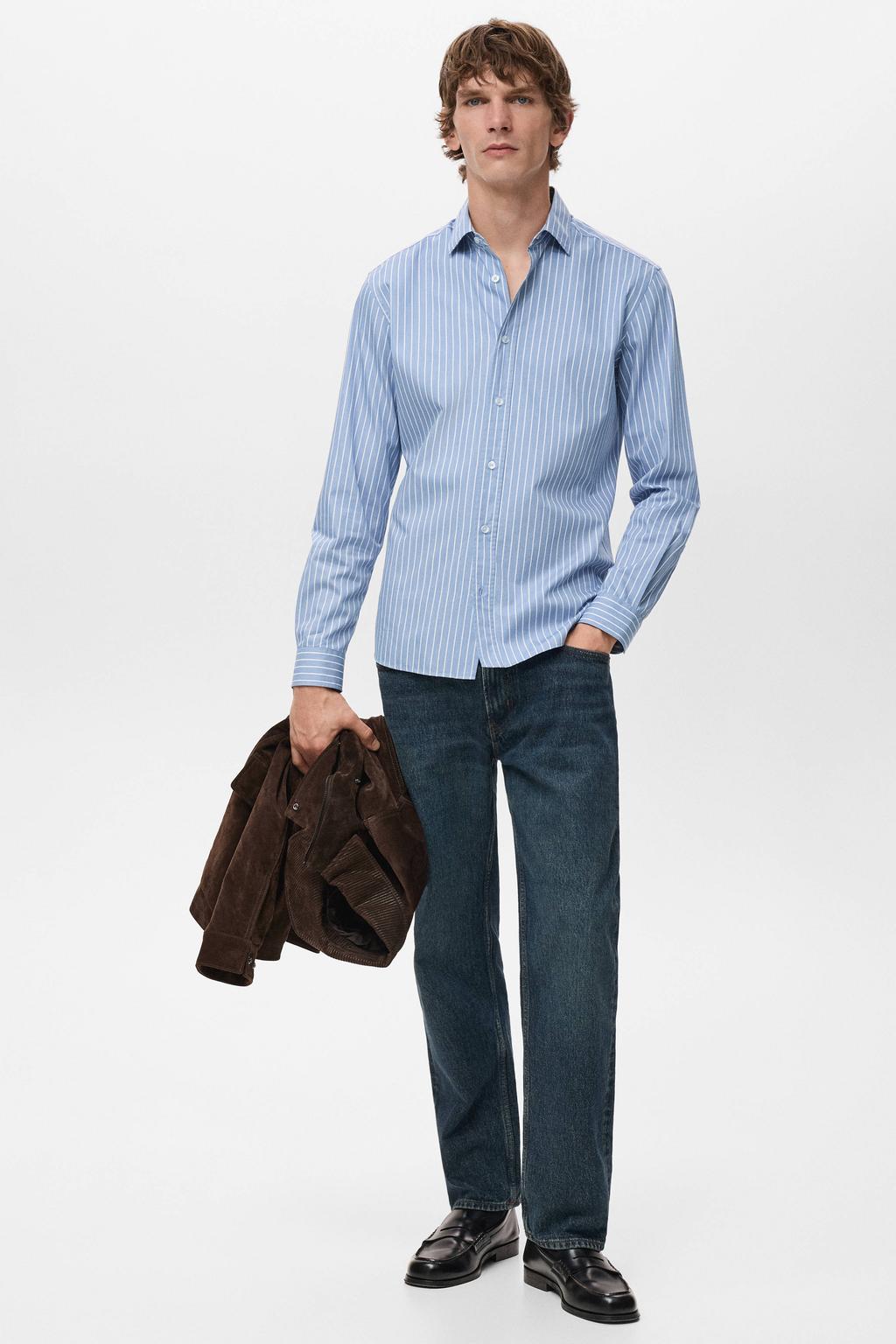 Blauwe heren Mango Man Regular gestreepte casual overhemd van katoen met lange mouwen, klassieke kraag en knoopsluiting