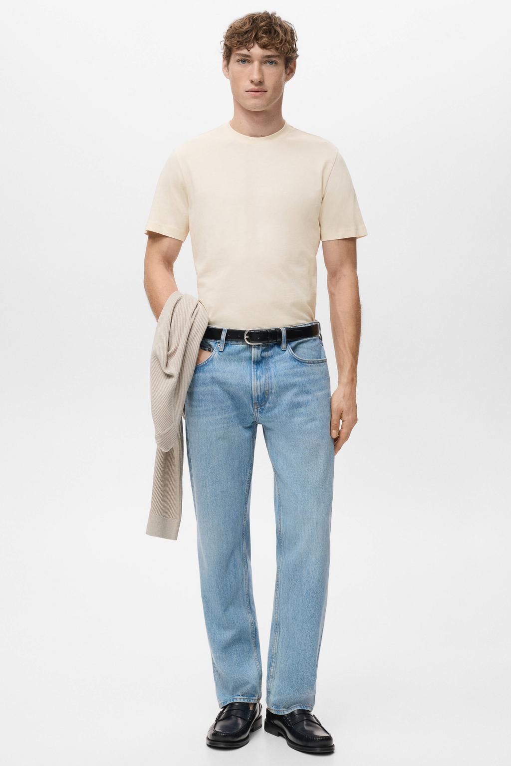 Lichtgele heren Mango Man slim T-shirt van katoen met effen, korte mouwen en ronde hals