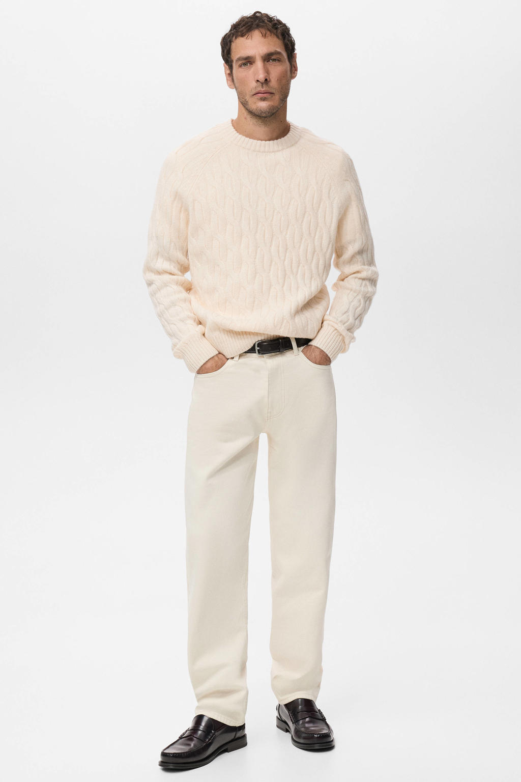 Ecru heren Mango Man trui van wol met effen, lange mouwen, ronde hals en gebreide details