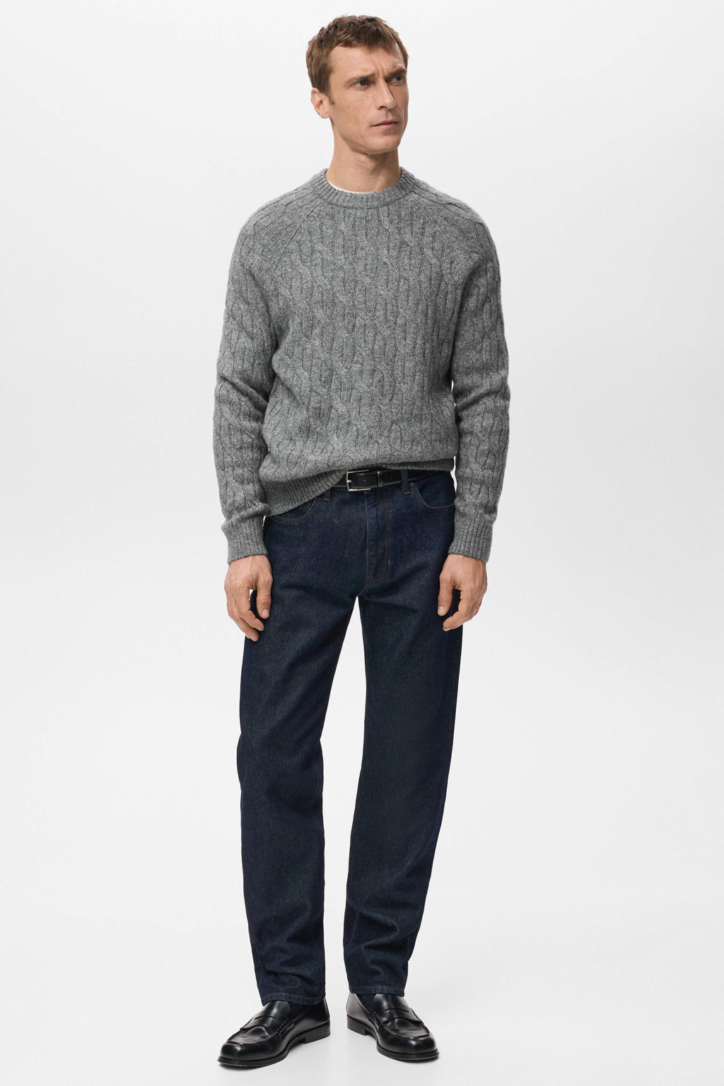 Grijze heren Mango Man trui van wol met effen, lange mouwen, ronde hals en gebreide details
