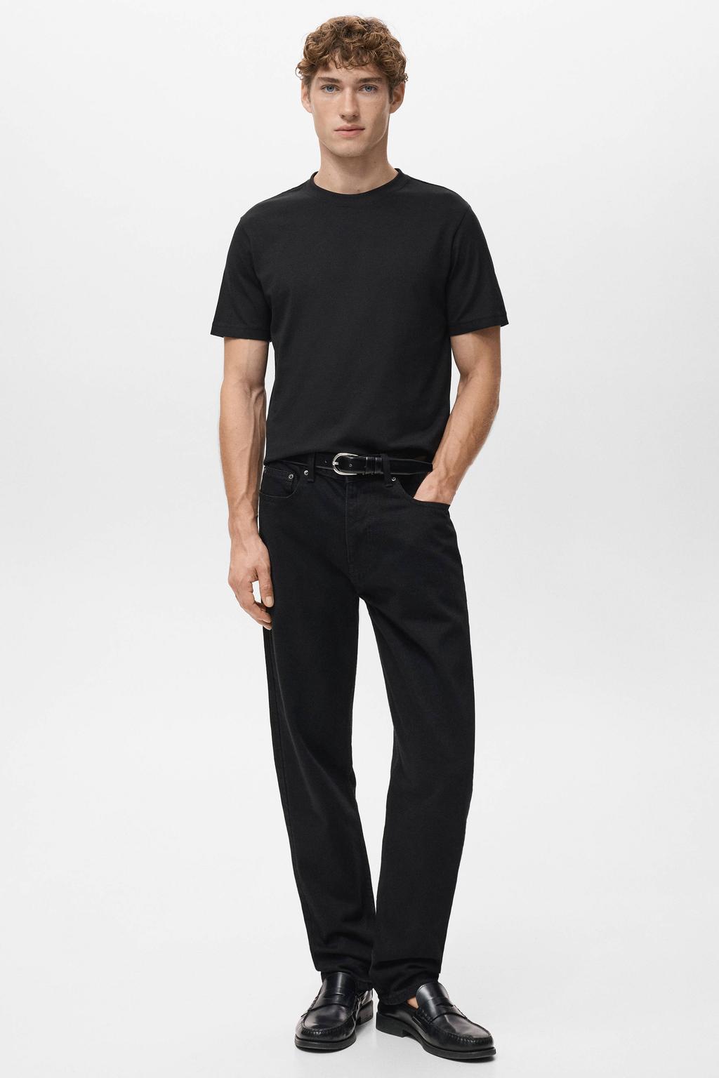 Zwarte heren Mango Man slim T-shirt van katoen met effen, korte mouwen en ronde hals