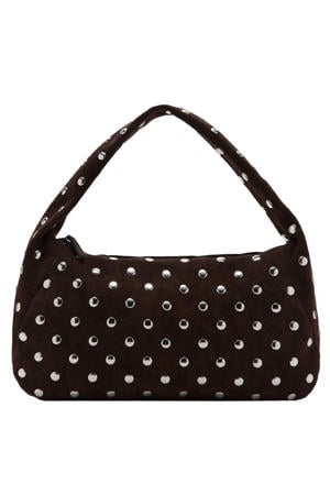 suede schoudertas met studs donkerbruin