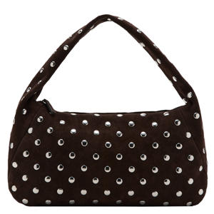 suede schoudertas met studs donkerbruin