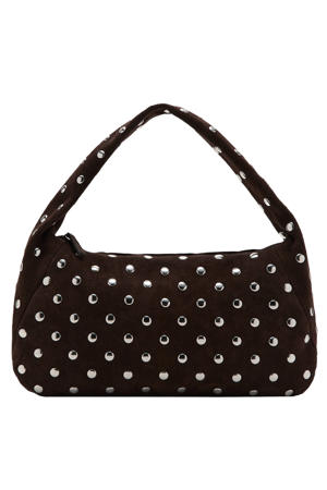 suede schoudertas met studs donkerbruin