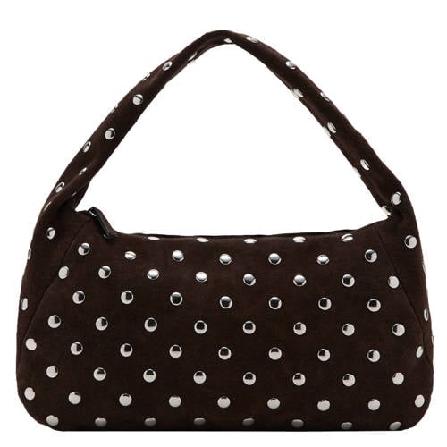Mango suede schoudertas met studs donkerbruin afbeelding