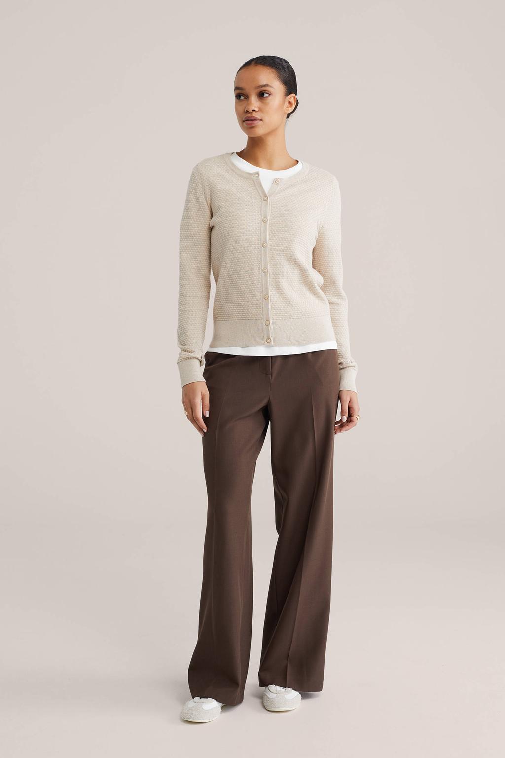 Beige dames WE Fashion gebreid vest van katoen met effen, lange mouwen, ronde hals en knoopsluiting