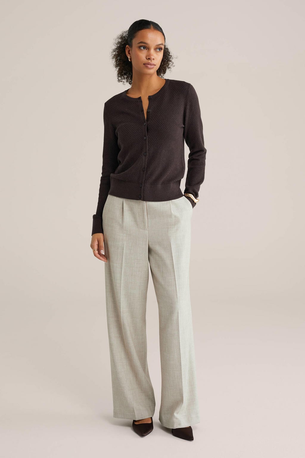 Donkerblauwe dames WE Fashion gebreid vest van katoen met effen, lange mouwen, ronde hals en knoopsluiting