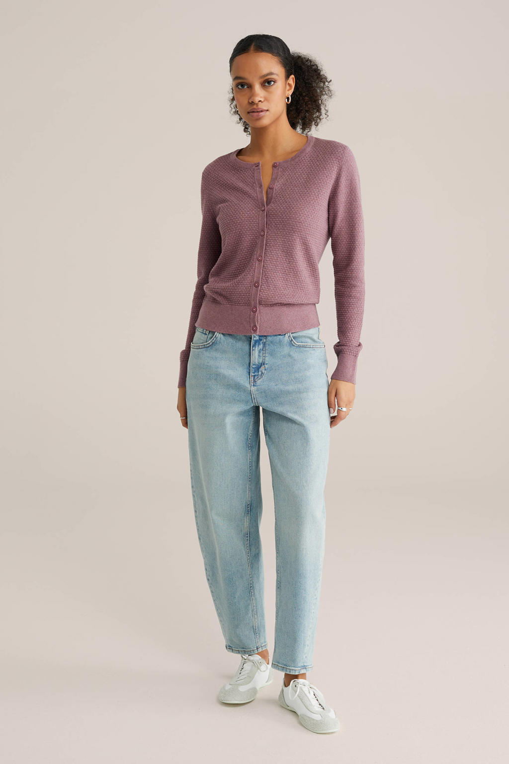 Oudroze dames WE Fashion gebreid vest van katoen met effen, lange mouwen, ronde hals en knoopsluiting