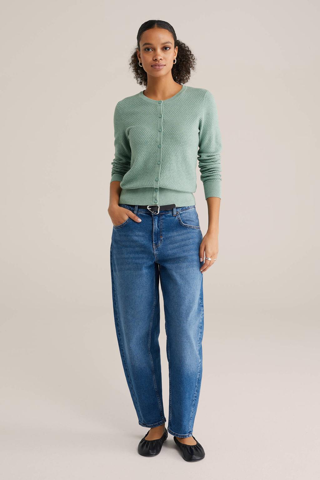 Lichtgroene dames WE Fashion gebreid vest van katoen met effen, lange mouwen, ronde hals en knoopsluiting