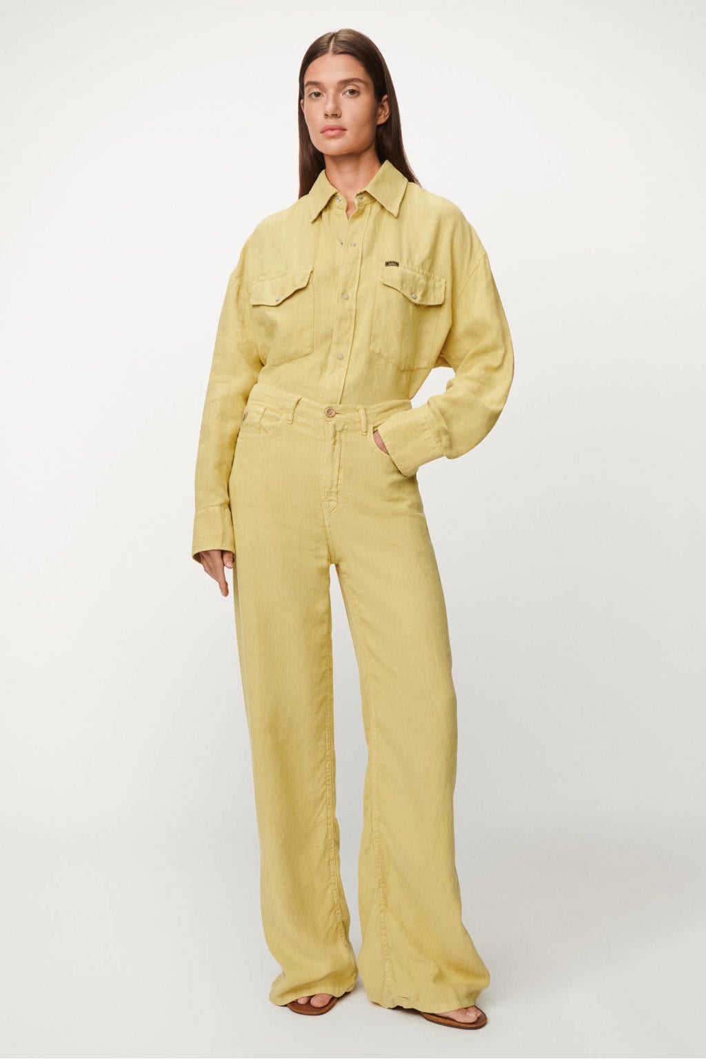 Lichtkaki dames Lois Skater Loose Z wide leg broek van linnen met rits- en knoopsluiting en effen