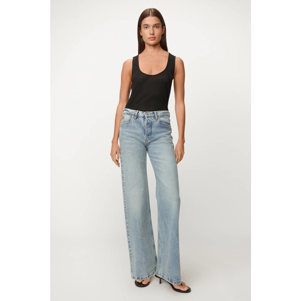 Medium blue denim dames Lois Lindsay Palazzo wide leg jeans van denim met rits- en knoopsluiting en effen