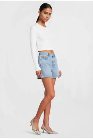 regular waist short light blue denim