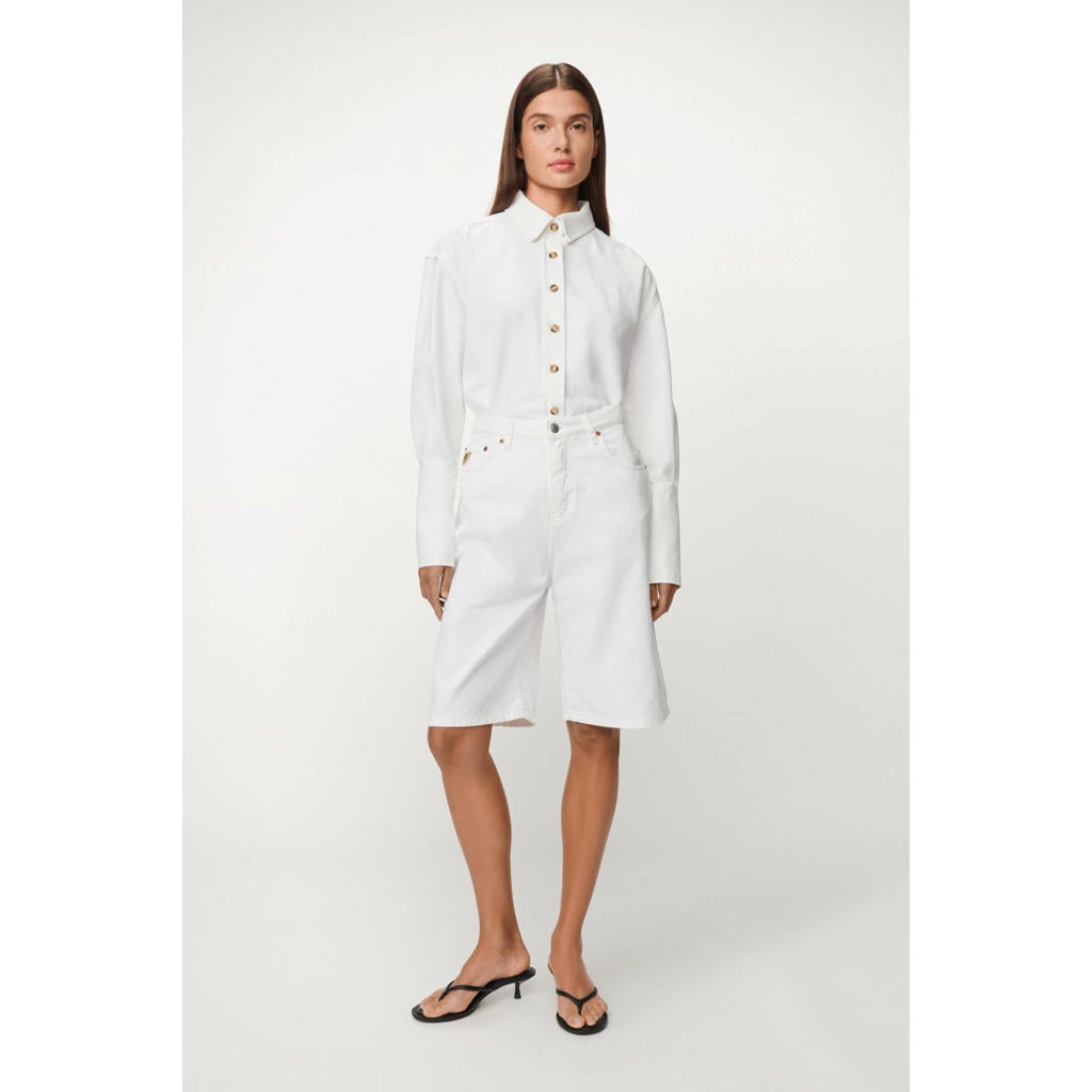 Witte dames Lois regular waist bermuda short van denim met rits- en knoopsluiting en effen