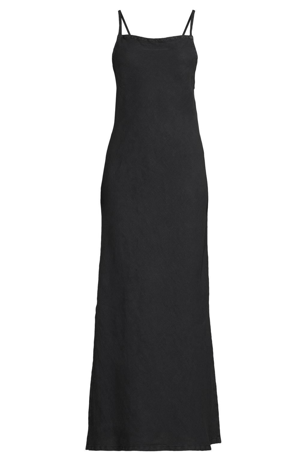 Donkerblauwe dames Lois linnen maxi jurk met effen, spaghettibandjes, vierkante hals en knoopsluiting