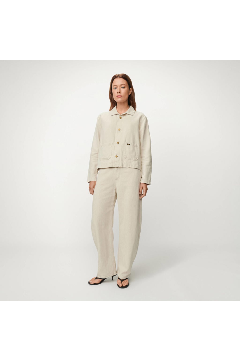 Beige dames Lois linnen jack met effen, lange mouwen, klassieke kraag en knoopsluiting