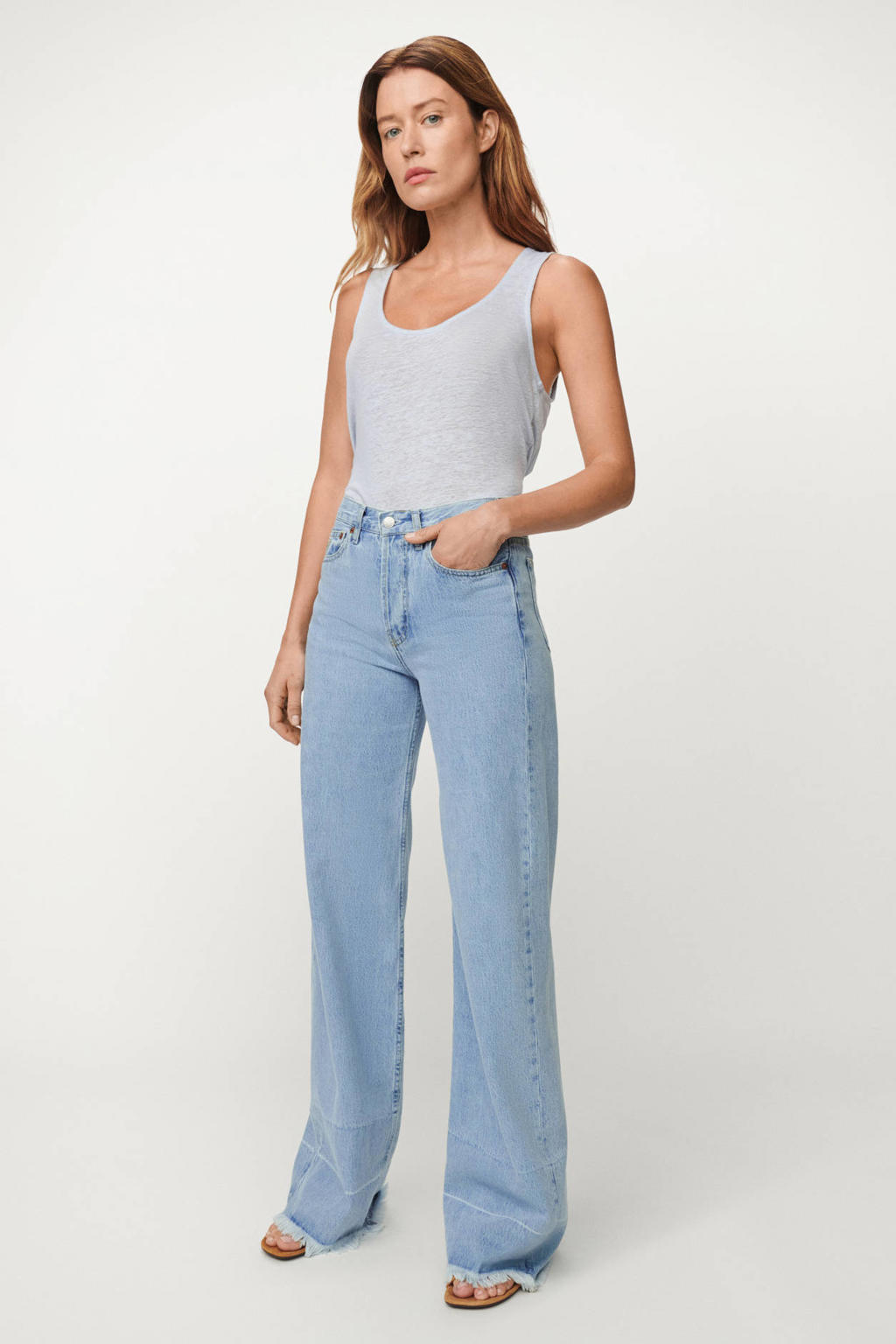 Light blue denim dames Lois high waist wide leg jeans van denim met rits- en knoopsluiting en effen