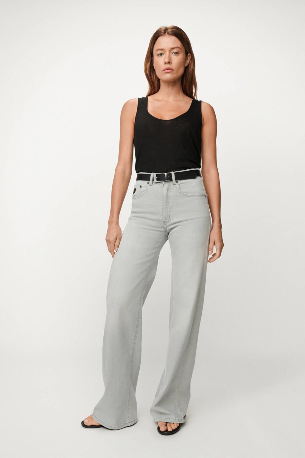 Grey denim dames Lois high waist wide leg jeans van denim met rits- en knoopsluiting en effen