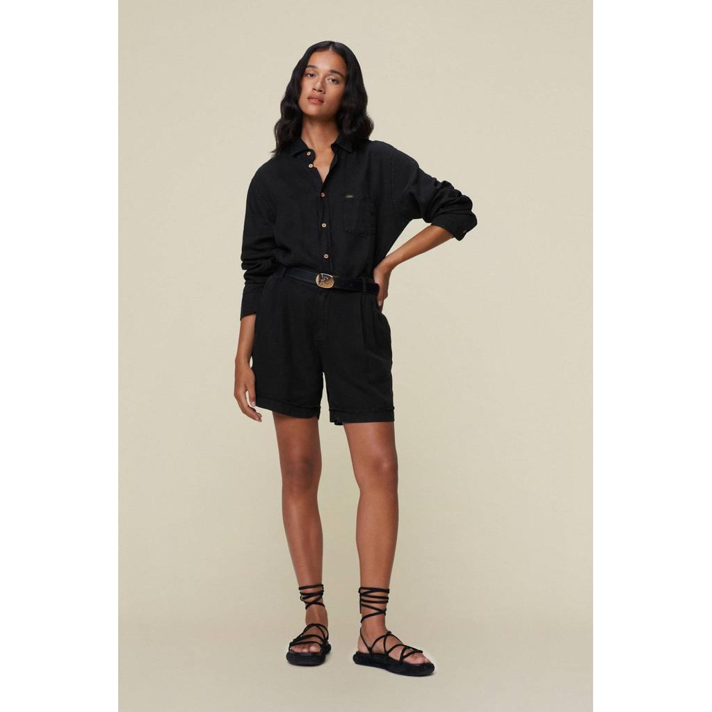 Zwarte dames Lois regular waist casual short van linnen met rits- en haaksluiting en effen