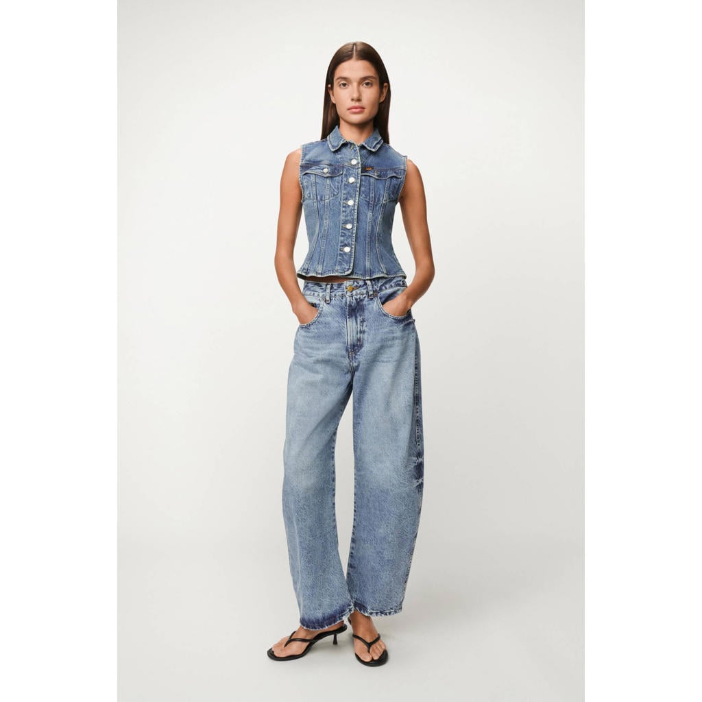 Medium blue denim dames Lois high waist barrel jeans van denim met rits- en knoopsluiting en effen