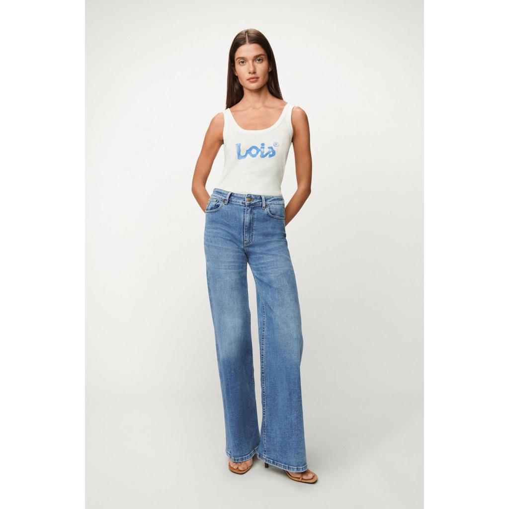Medium blue denim dames Lois wide leg jeans wide leg jeans van denim met rits- en knoopsluiting en effen