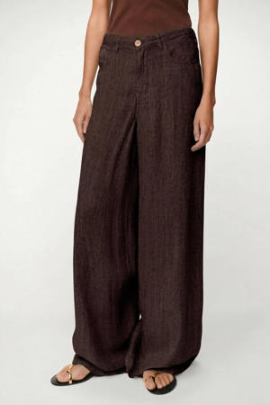 wide leg high waist broek met linnen donkerbruin