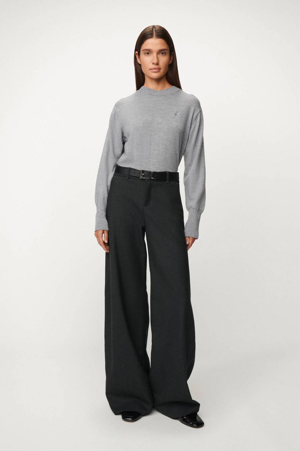 Grijs melange dames Lois wide leg high waist broek melange van wol met rits- en knoopsluiting en effen