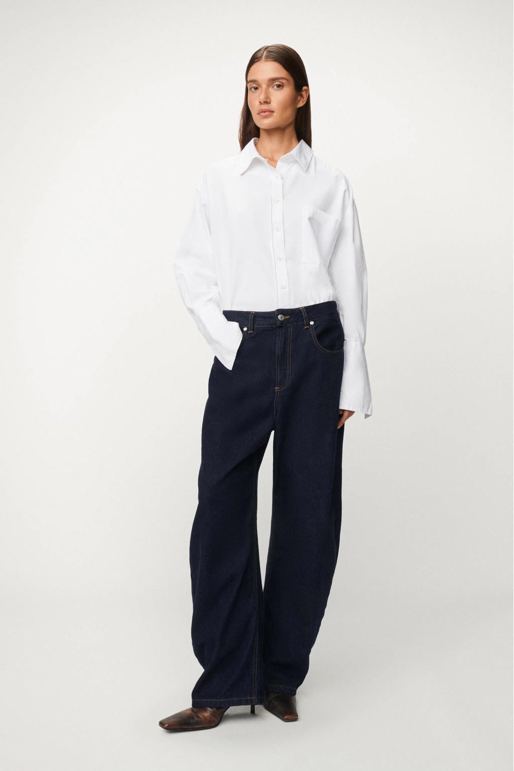 Dark blue denim dames Lois high waist wide leg jeans dark blue van denim met rits- en knoopsluiting en effen
