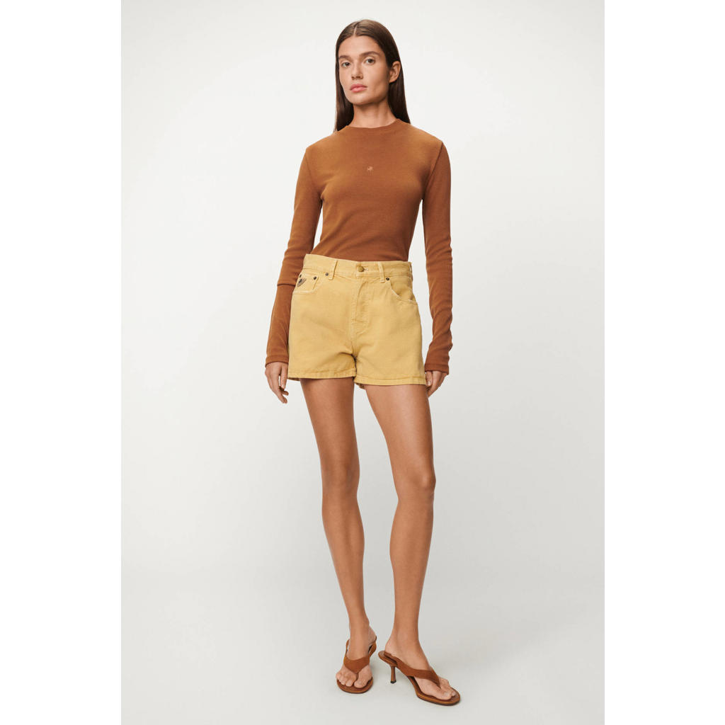 Lichtkaki dames Lois straight regular waist short van denim met rits- en knoopsluiting en effen