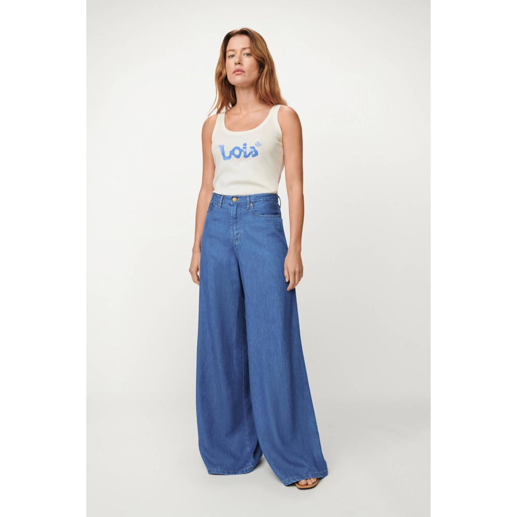 Medium blue denim dames Lois high waist wide leg jeans van linnen met rits- en knoopsluiting en effen