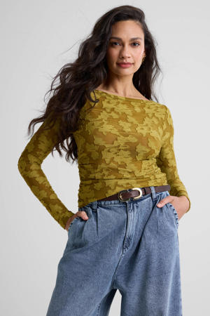 semi-transparante top met textuur  kaki
