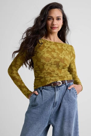 semi-transparante top met textuur kaki