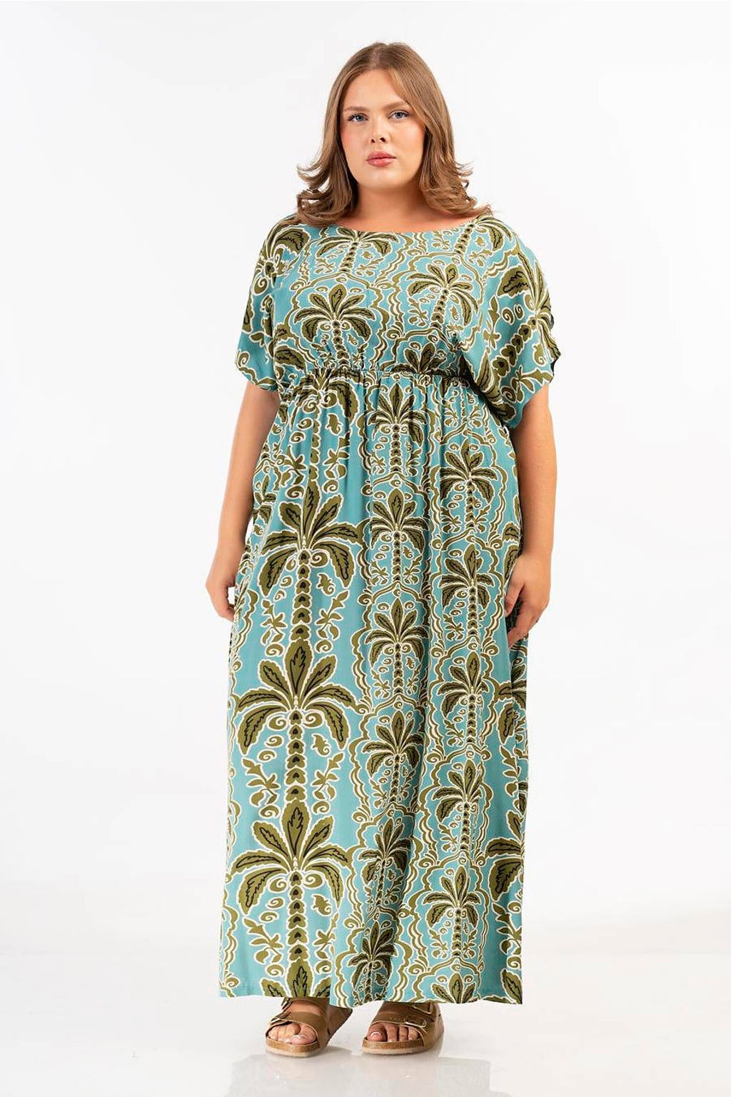 Groen en blauwe dames Curviss zomerjurk van viscose met bladprint, korte mouwen, ronde hals en elastische tailleband