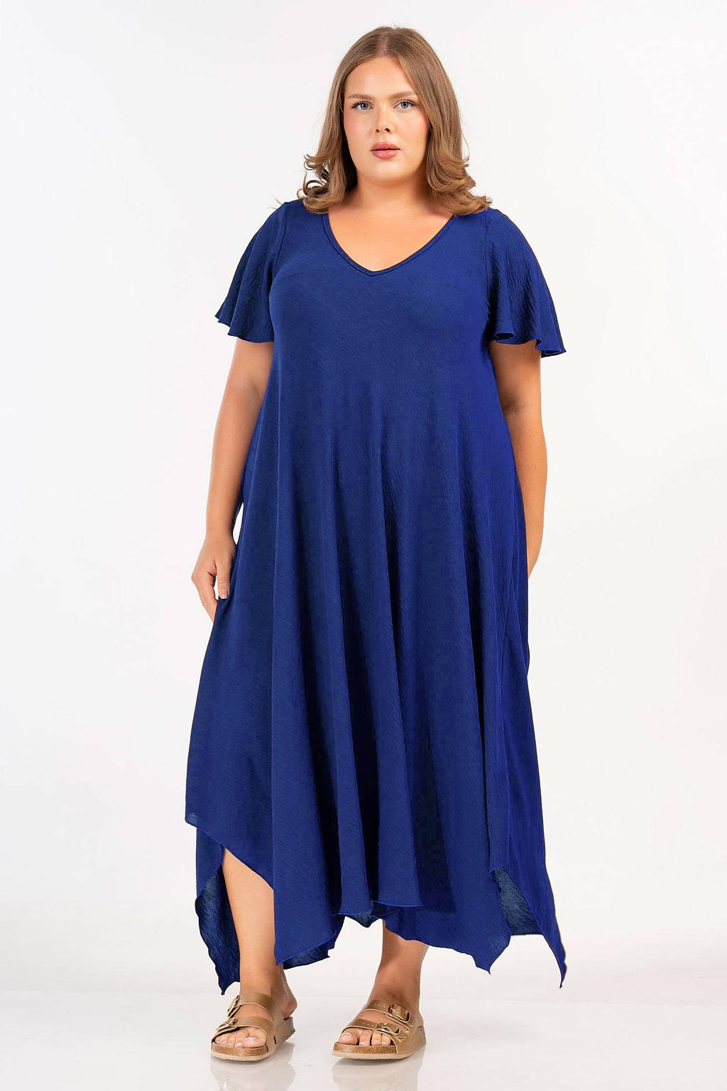 Blauwe dames Curviss maxi jurk van polyester met effen, korte mouwen en V-hals