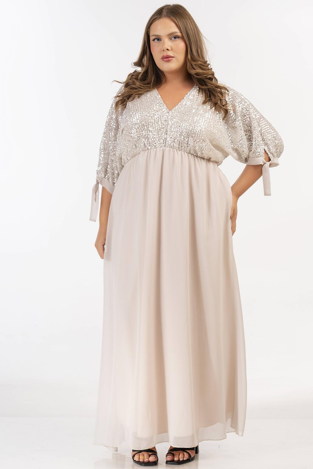 Lichtroze dames Curviss glitterjurk avondjurk van polyester met effen, half lange mouwen en V-hals