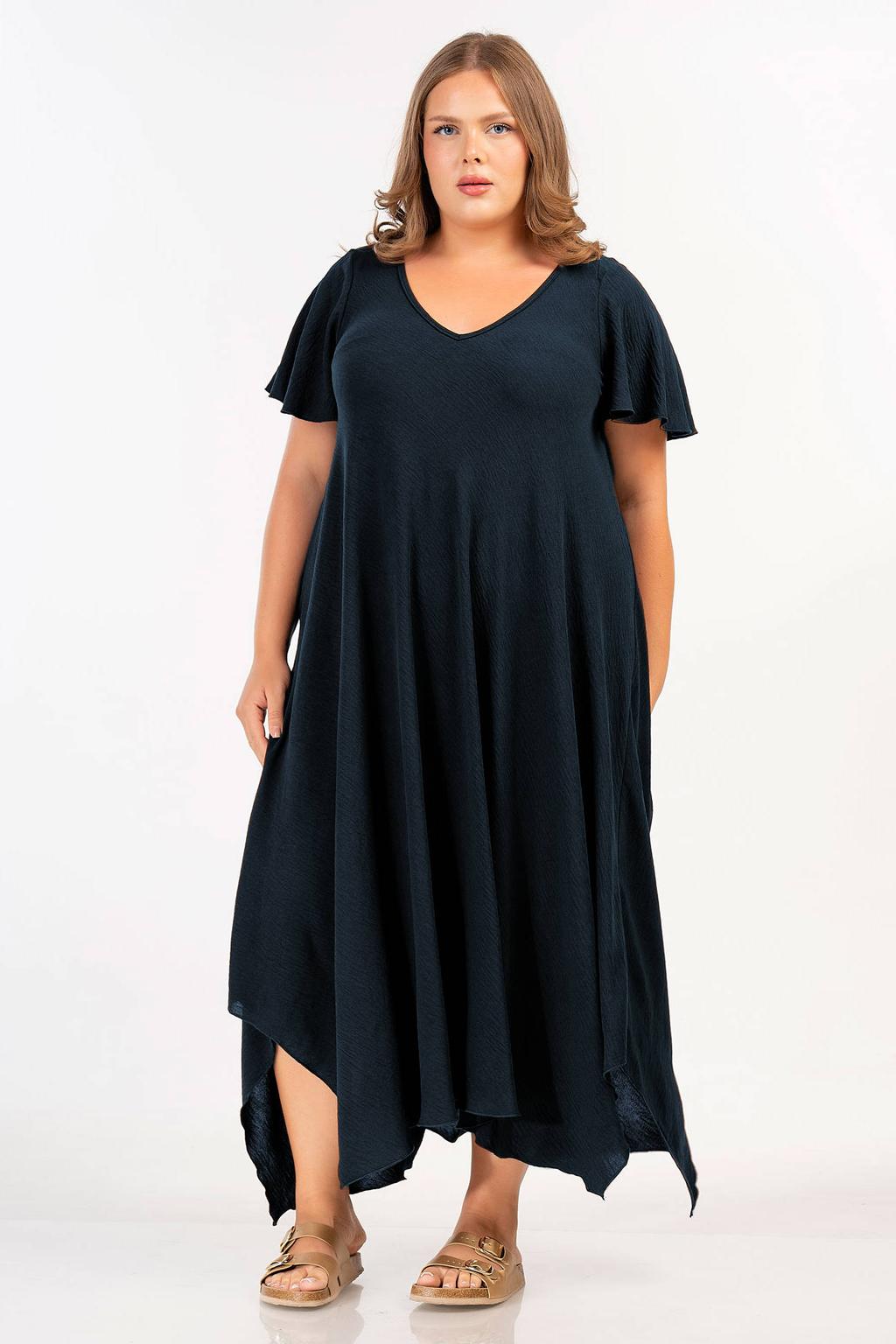 Zwarte dames Curviss maxi jurk van polyester met effen, korte mouwen en V-hals
